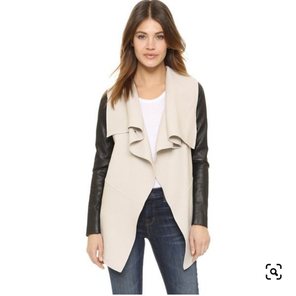 NWT$750 Mackage Shea Vane Draped Wrap Leather-Sleeve Wool Coat Jacket